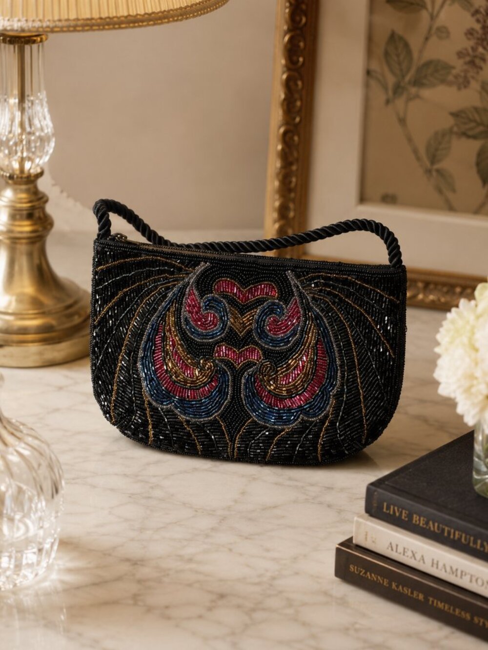 Vintage Black Beaded Evening Bag Purse Art Deco Style Rope Strap Handbag